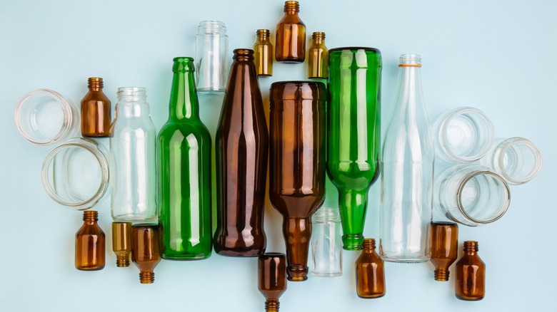 colored glass bottles and jars