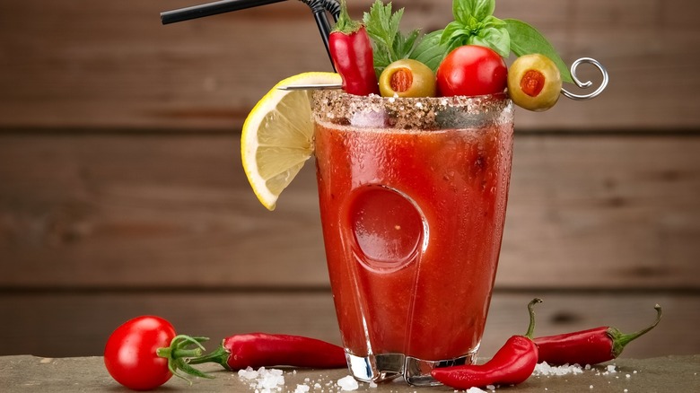 bloody mary with elaborate garnishes