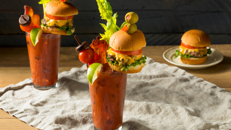 bloody marys with cheeseburger garnishes