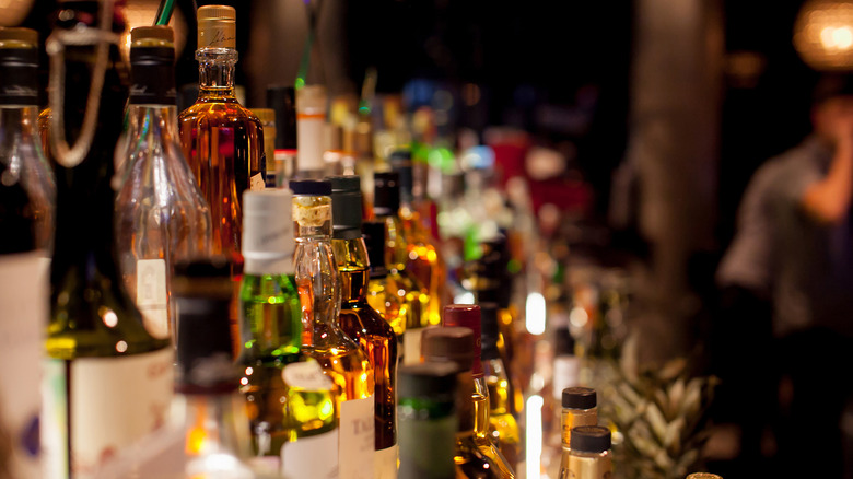 various spirits bottles in bar