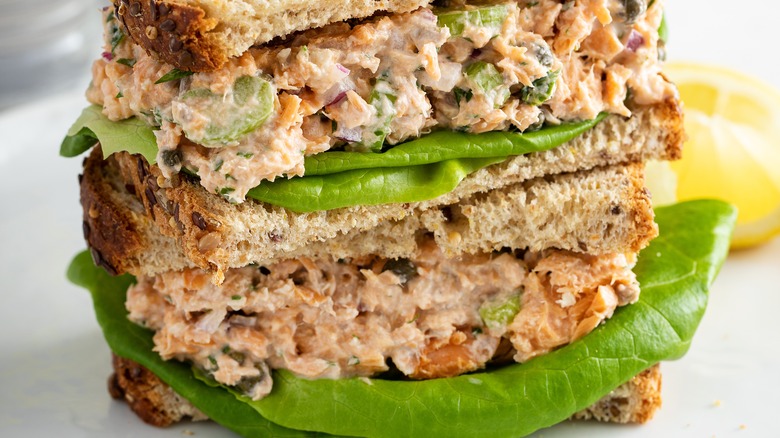 Salmon salad sandwich with leaf lettuce