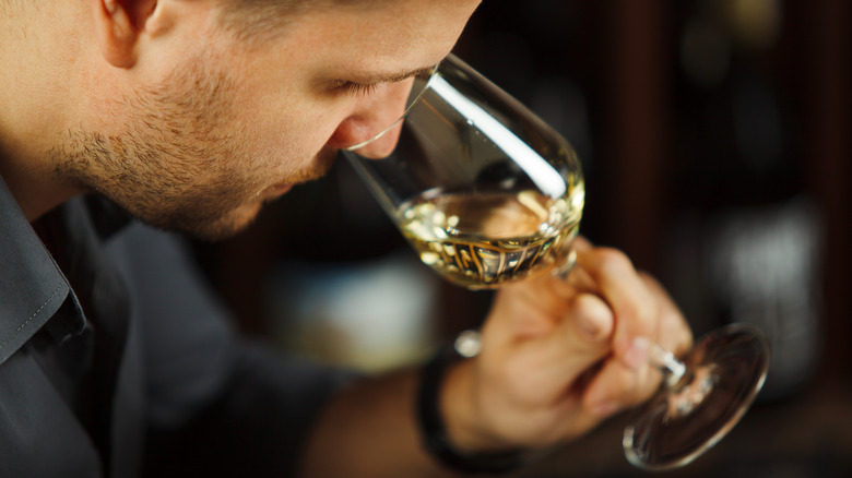 Sommelier sniffing wine in glass