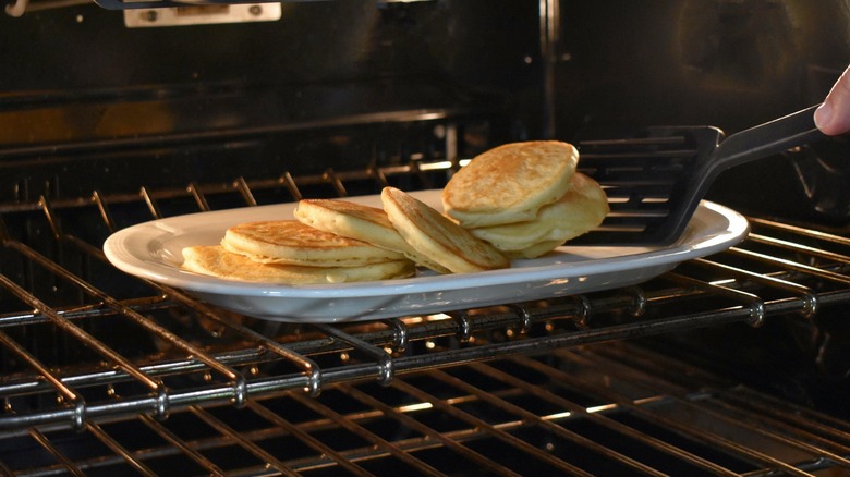 Warming pancakes in oven