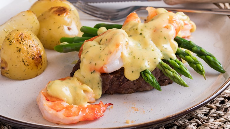 Steak Oscar with prawns