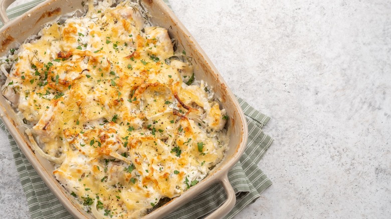 white fish casserole in dish