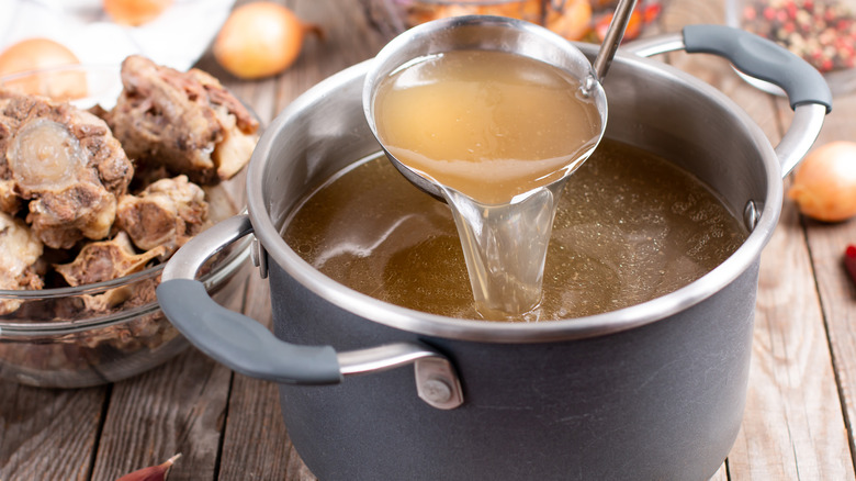 chicken stock in pan