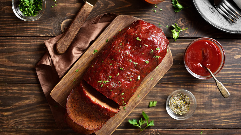 Glazed meatloaf on cutting board