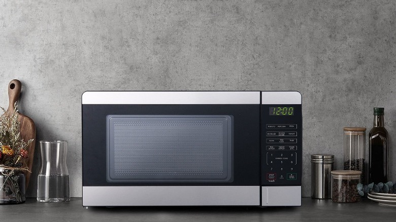 Microwave oven on counter