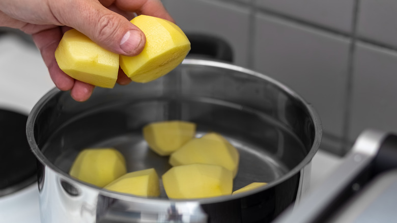 hand putting potatoes into a pot