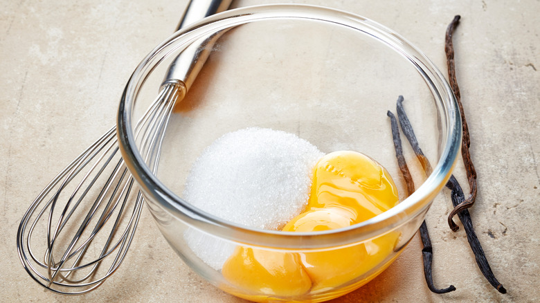 Eggs and sugar in bowl