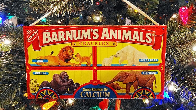 Box of animal crackers on Christmas tree