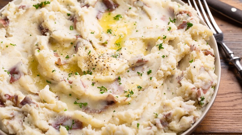 bowl of skin-on mashed potatoes