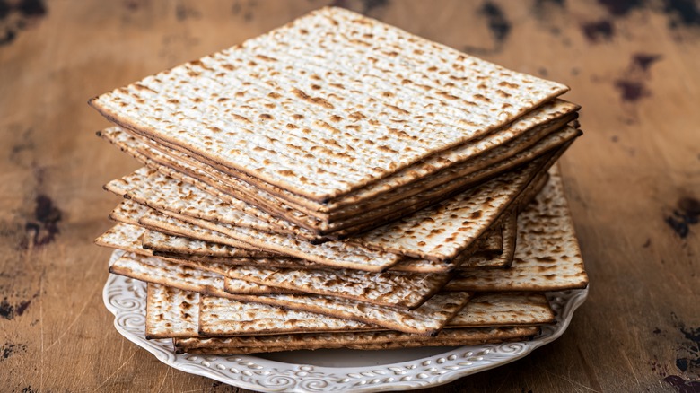 Stacked matzo on plate