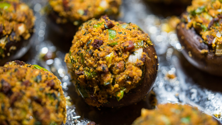 Chorizo stuffed mushrooms close up 