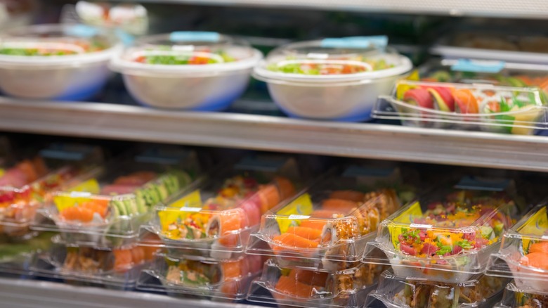 Sushi on refrigerator shelves