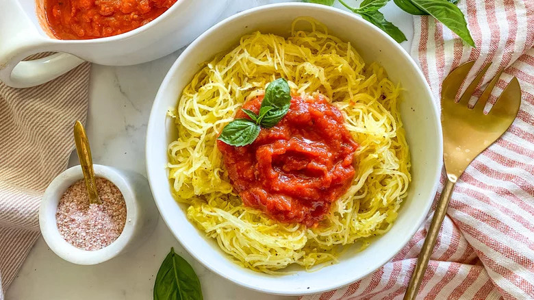 Spaghetti squash in a white bowl