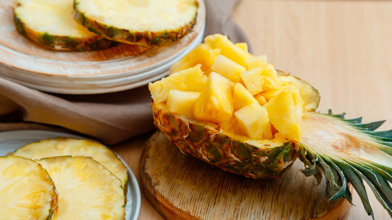 Chopped pineapple in pineapple half