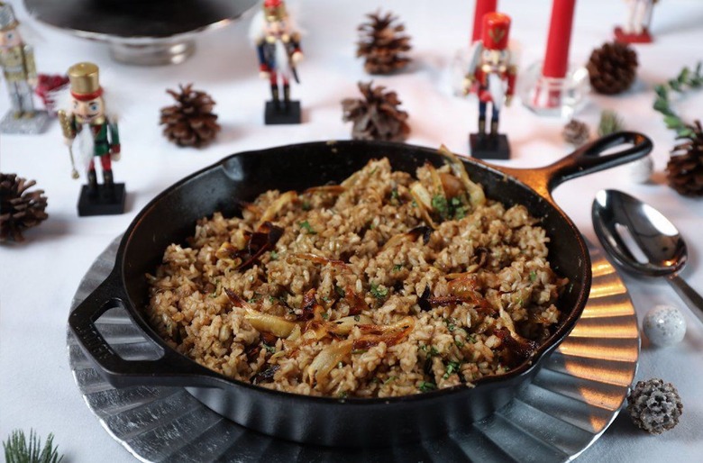 Sweet Spiced Brown Rice and Gingered Lentils with Caramelized Onions