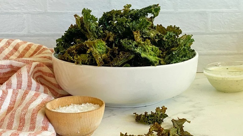 Kale chips in a white bowl