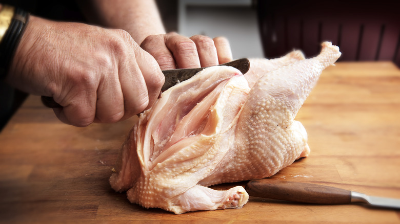 cutting whole raw chicken