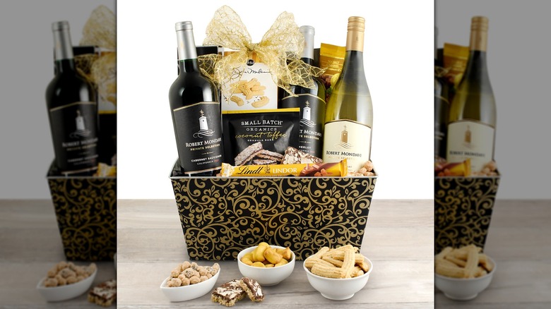 wine gift basket with snacks