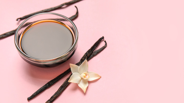 Vanilla extract in a bowl with vanilla pods surrounding it