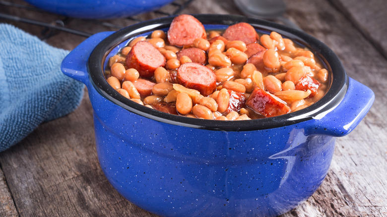 Beans and franks in pot