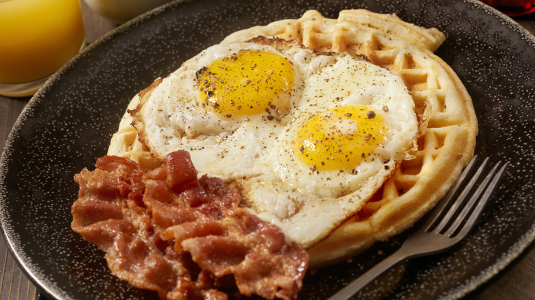 waffle with eggs and bacon