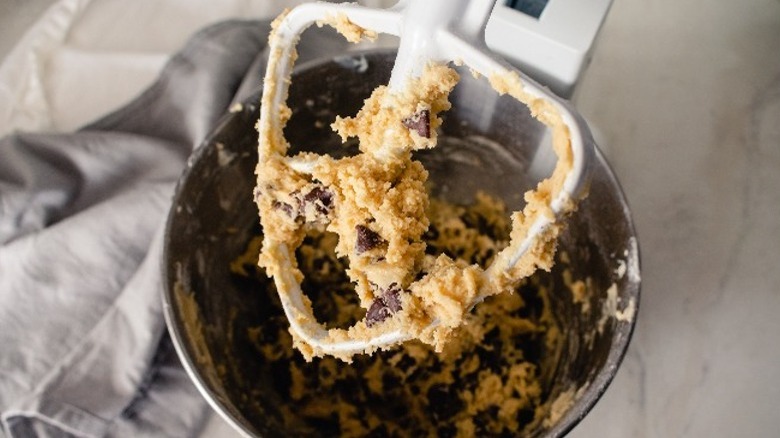 cookie batter on mixer head