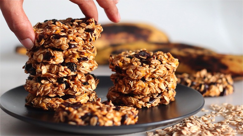 stacked oatmeal cookies on plate