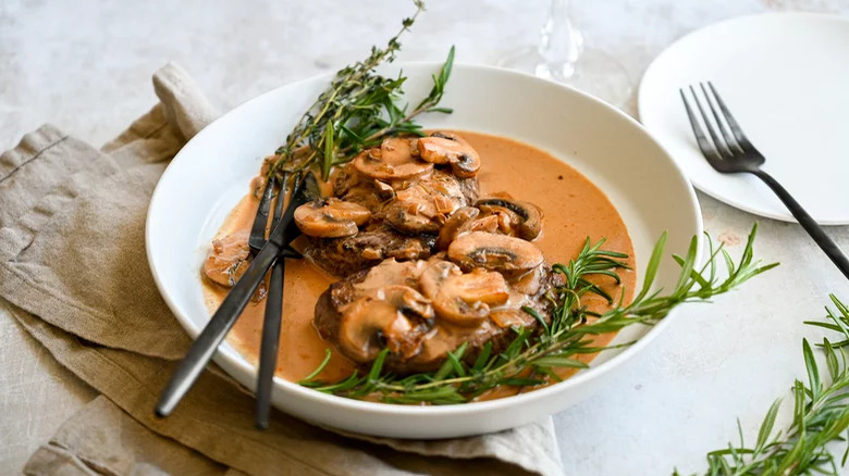 Bowl of steak Diane