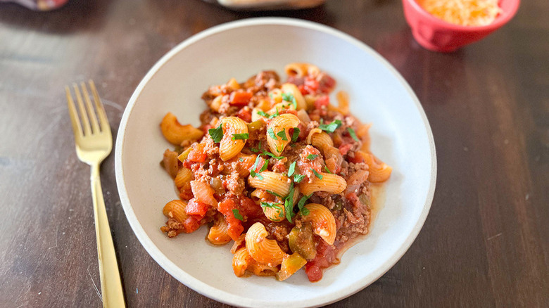 Bowl of goulash on table