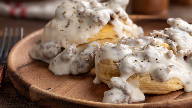 plate of biscuits and sausage gravy