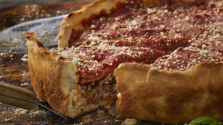 close up of deep dish pizza