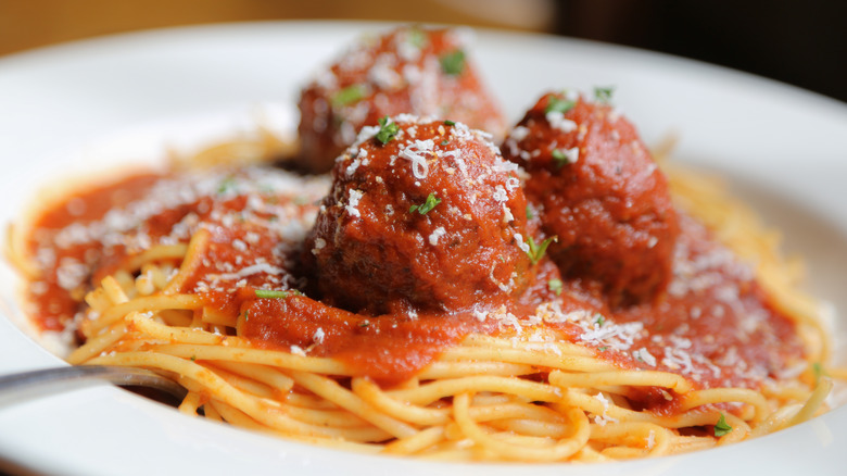 close up of spaghetti and meatballs