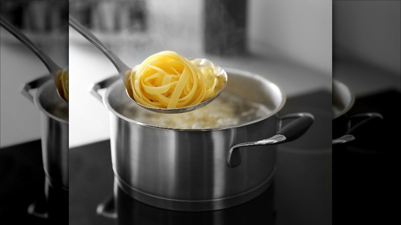 fettuccine noodles on spoon