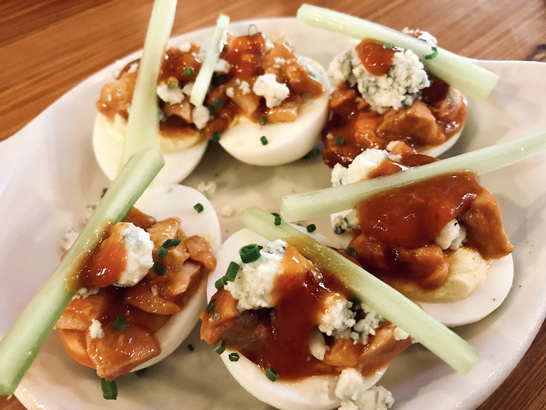 Pulled Asian Barbecue Chicken Deviled Eggs With Creamy Coleslaw