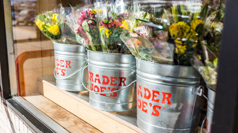 buckets of Trader Joe's flowers