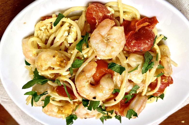 Baked Feta Tomato Pasta With Shrimp 