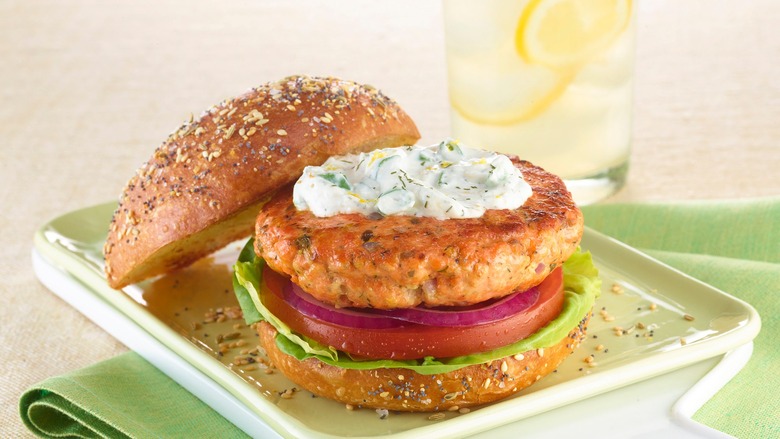 Salmon Burgers with Dill Cream Cheese Topping 