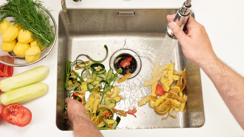 vegetable skins in sink