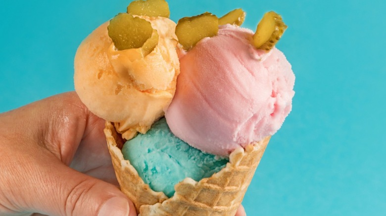 Ice cream cone with pickles