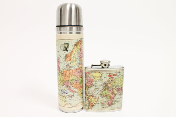 Travel Range Map Hip Flask: $32.00 (£19.95) and Travel Range Vacuum Bottle: $ 27.18 (£16.95)