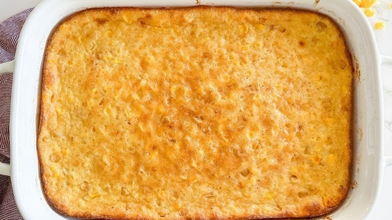 Golden brown baked corn pudding