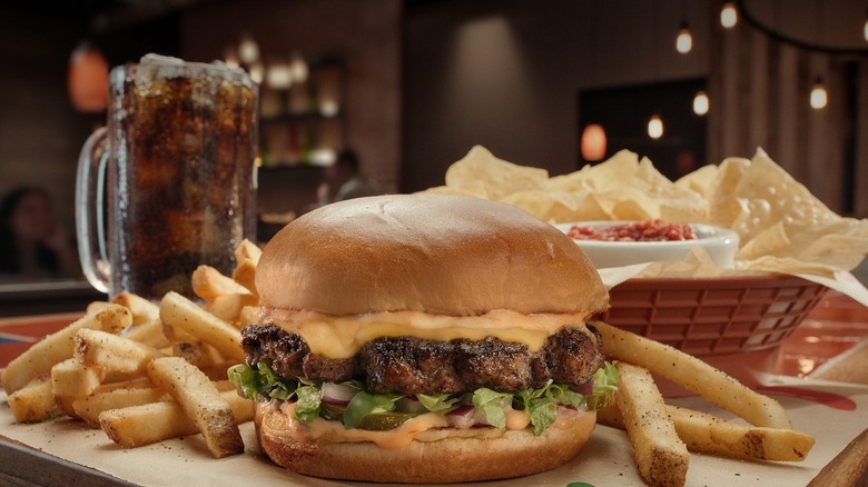 Chili's burger, drink, and sides