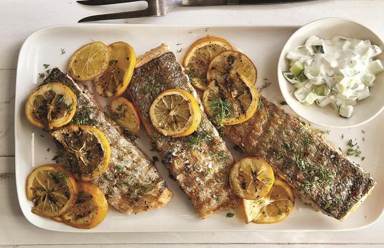 Grilled Salmon With Meyer Lemons and Creamy Cucumber Salad