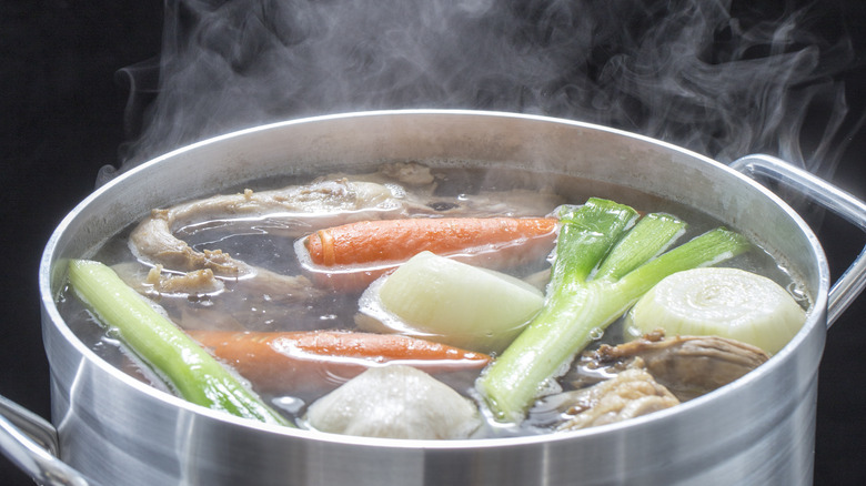 Simmering soup in a pot