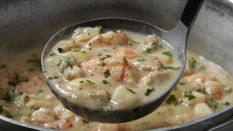 Spoonful of seafood chowder