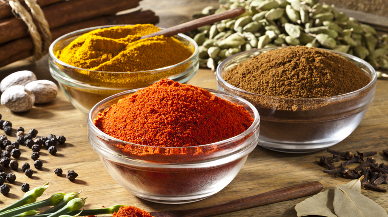 Bowls of spices on table