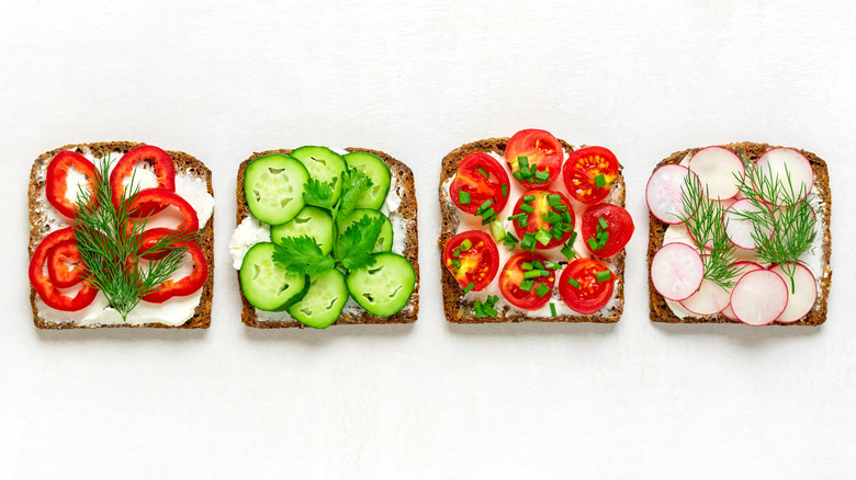 Veggies on toast in row